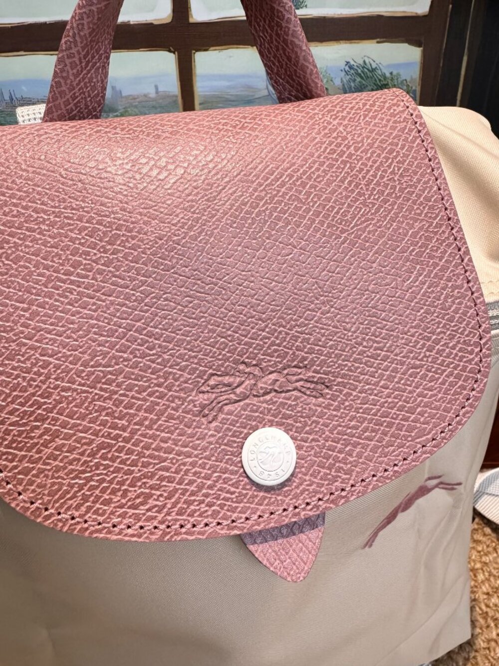 ✨ Longchamp Le Pliage Original Beige & Pink Leather Trim Backpack - Picture 8 of 9